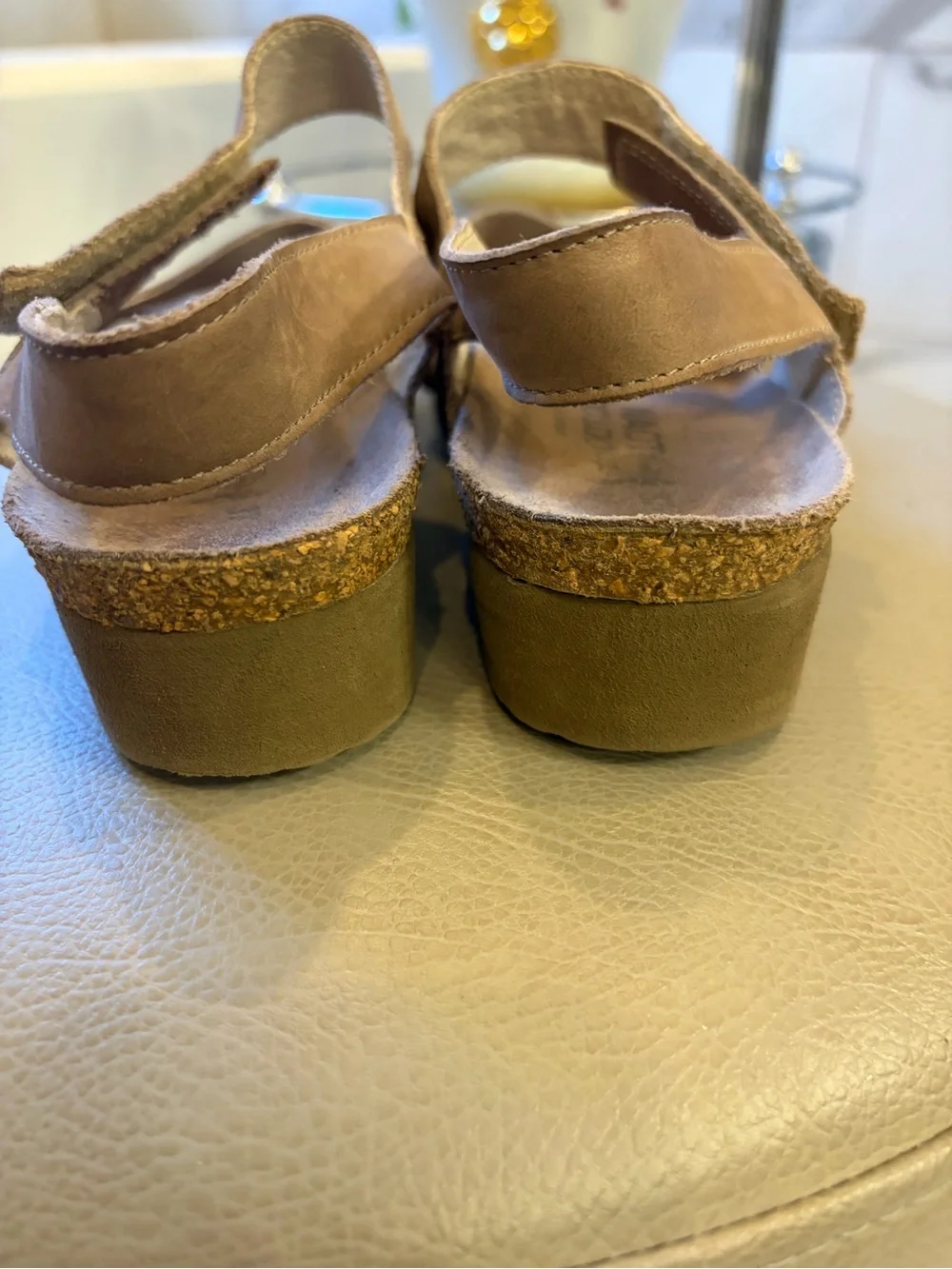 Naot Womens Kayla Sandal Sz 37 L6 Taupe Nubuck Strappy Low Wedge Cork Insole EUC